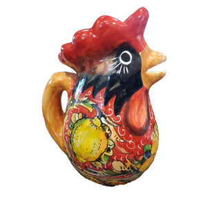 Signed Hand Painted Italian Ceramic Rooster Of Fortune Pitcher